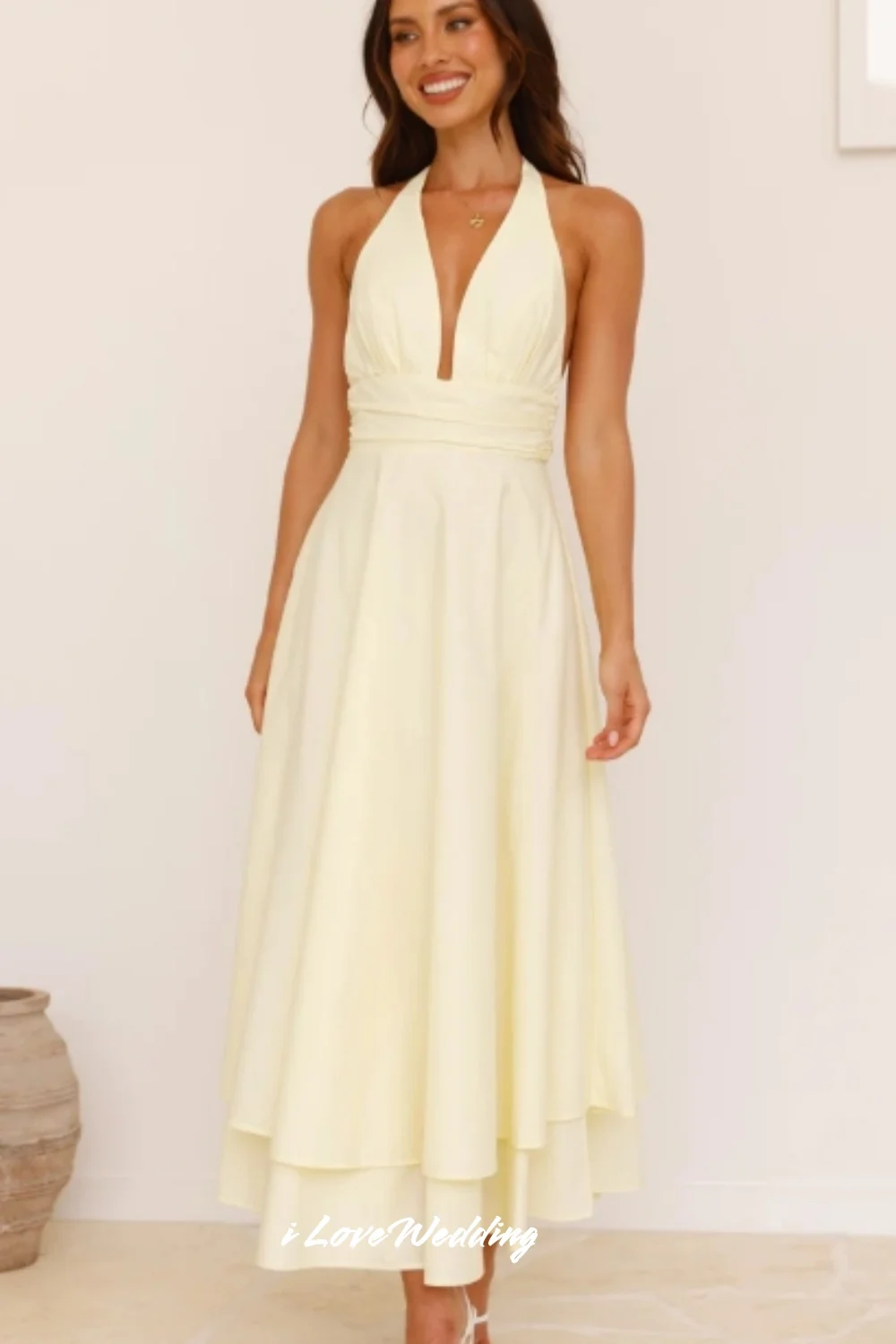 Yellow Halter Evening Dresses 2025 V-Neck Sleeveless Backless Tiered A-Line Skirt Ankle-Length Wedding Guest Dresses Customized
Yellow Halter Evening Dresses 2025 V-Neck Sleeveless Backless Tiered A-Line Skirt Ankle-Length Wedding Guest Dresses Customized
