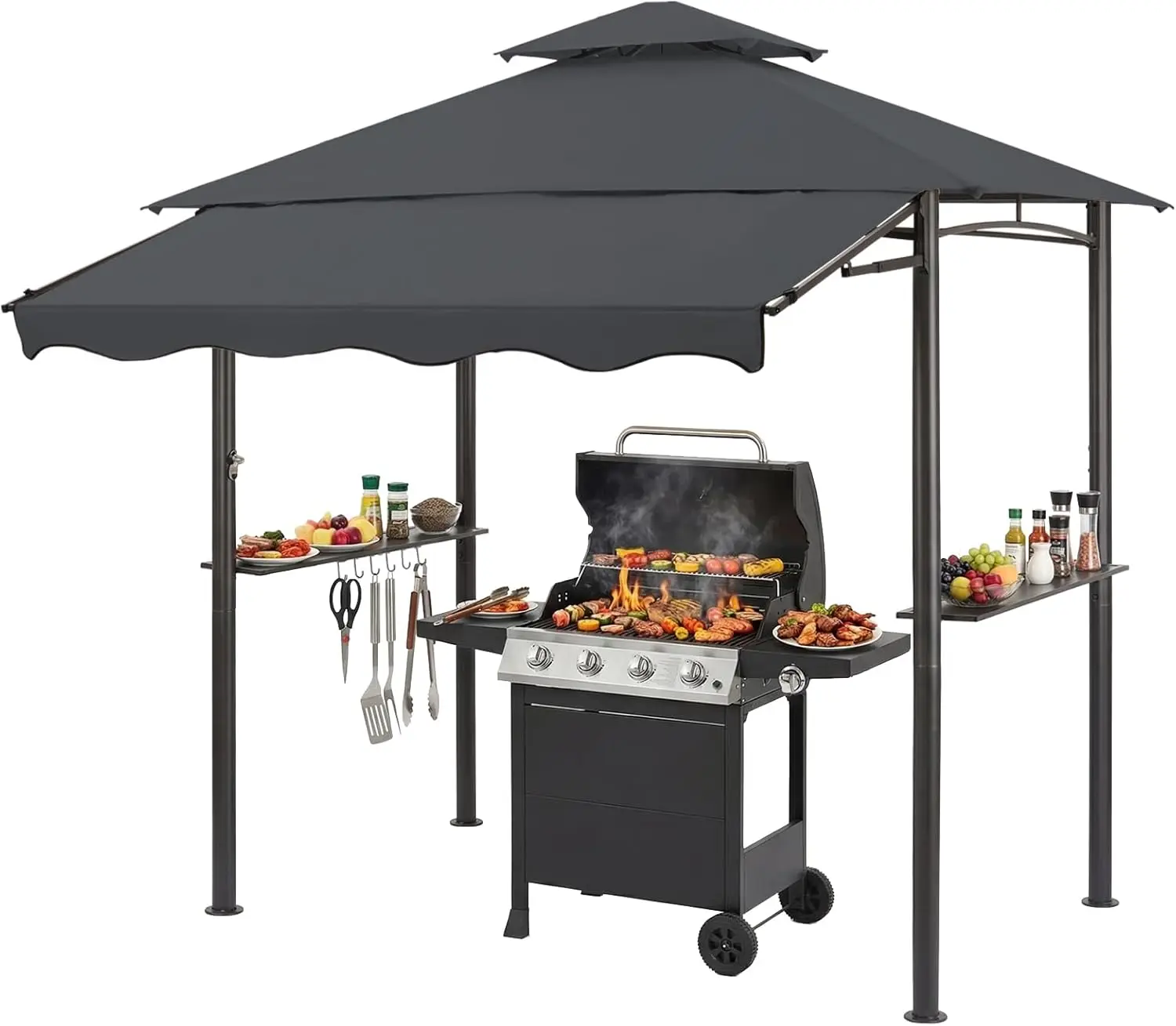 8x8 FT Grill Gazebo with Big Awning, 2 Shelves, 6 Hooks & Bottle Opener, Heavy Duty BBQ Shelter for Patio, Dark Gray
8x8 FT Grill Gazebo with Big Awning, 2 Shelves, 6 Hooks & Bottle Opener, Heavy Duty BBQ Shelter for Patio, Dark Gray