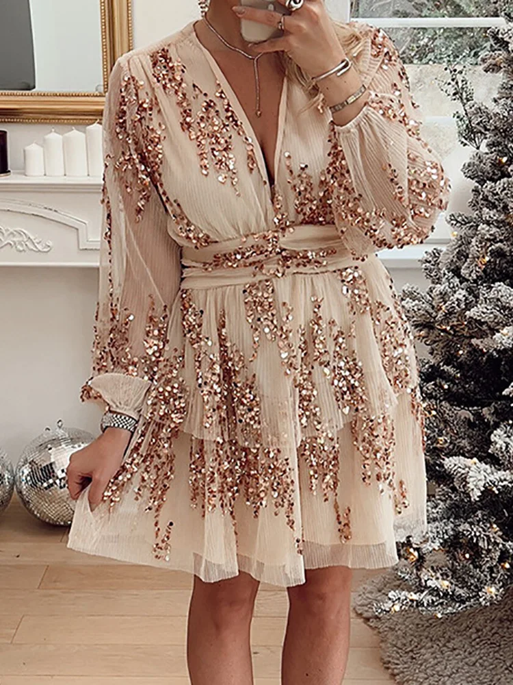 2024 Women Lantern Sleeve V Neck Dresses Casual Spring Summer Sequins Mini Dress Streetwear Holiday Patchwork Hollow Out Dress
2024 Women Lantern Sleeve V Neck Dresses Casual Spring Summer Sequins Mini Dress Streetwear Holiday Patchwork Hollow Out Dress