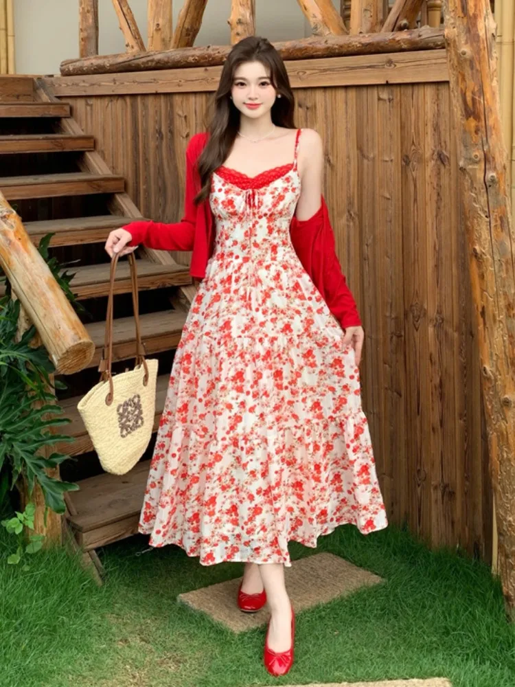plus Size Red Floral Halter Neck Open Cardigan And Skirt Two Piece Set Korean Style Breathable Summer Fashion Women's Ensemble
plus Size Red Floral Halter Neck Open Cardigan And Skirt Two Piece Set Korean Style Breathable Summer Fashion Women's Ensemble