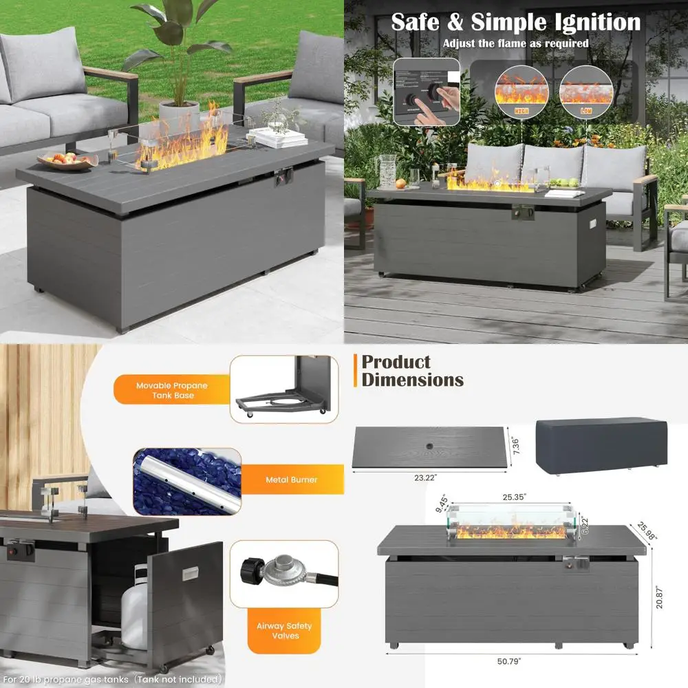 Rectangular 51 Inch Outdoor Propane Fire Pit Table with 50,000 BTU, Glass Wind Guard, Rain Cover, and Removable Lid
Rectangular 51 Inch Outdoor Propane Fire Pit Table with 50,000 BTU, Glass Wind Guard, Rain Cover, and Removable Lid