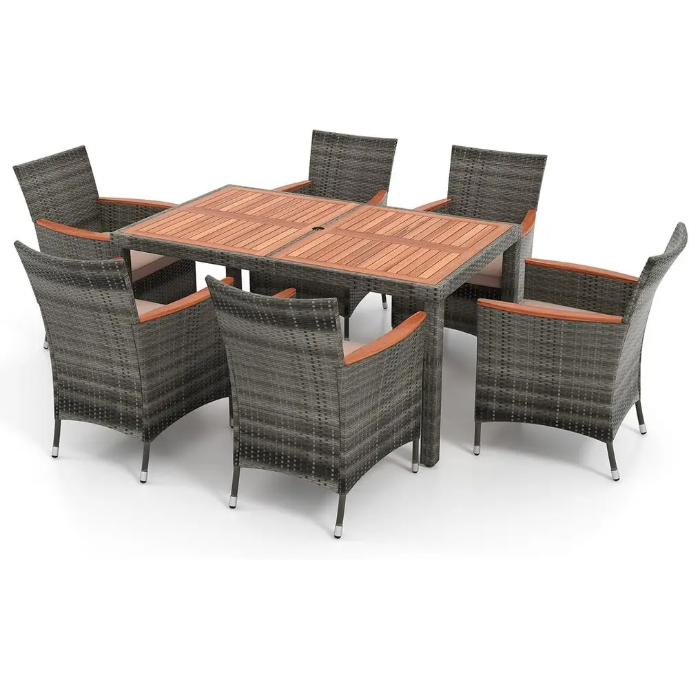 7-Piece Outdoor Rattan Dining Set with Acacia Wood Table and Chairs, Including Seat Cushions for Patio, Poolside, or Garden (Mix
7-Piece Outdoor Rattan Dining Set with Acacia Wood Table and Chairs, Including Seat Cushions for Patio, Poolside, or Garden (Mix