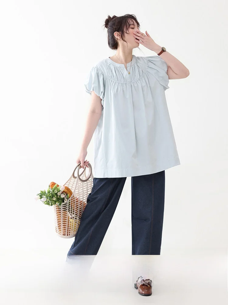 AMUU Original Blue Bud Sleeve Midi Shirt Women's Summer New round V-neck Pure Cotton Top Breathable Comfortable Korean Style
AMUU Original Blue Bud Sleeve Midi Shirt Women's Summer New round V-neck Pure Cotton Top Breathable Comfortable Korean Style