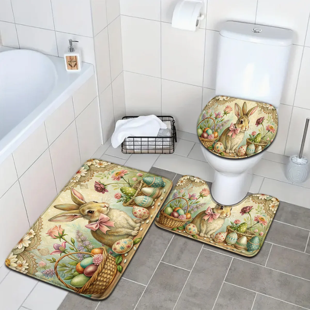 Набор ковриков для ванной с пасхальным кроликом из 3 предметов — нескользящий чехол для унитаза с цветочным яйцом и U-образный коврик, мягкая фланель, устойчивый к выцветанию, весенний декор
Набор ковриков для ванной с пасхальным кроликом из 3 предметов — нескользящий чехол для унитаза с цветочным яйцом и U-образный коврик, мягкая фланель, устойчивый к выцветанию, весенний декор