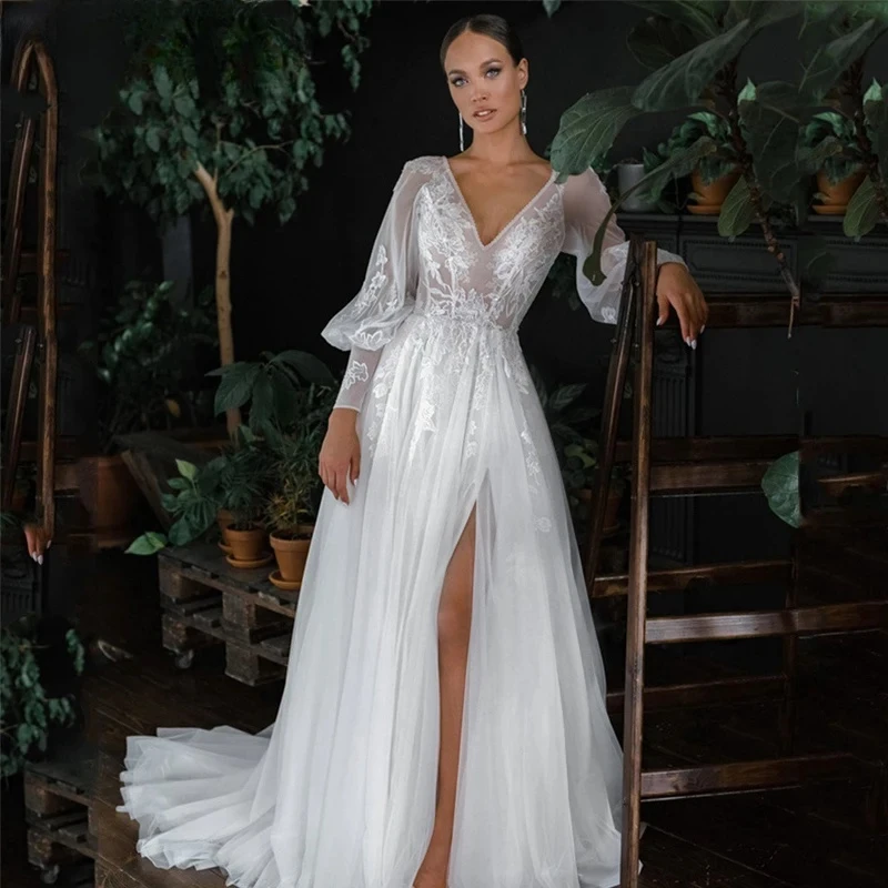Sexy Deep V-Neck A-Line Vestidos De Novia Customized Side Slit Puff Sleeve Wedding Dresses Appliques Vestido De Noiva
Sexy Deep V-Neck A-Line Vestidos De Novia Customized Side Slit Puff Sleeve Wedding Dresses Appliques Vestido De Noiva
