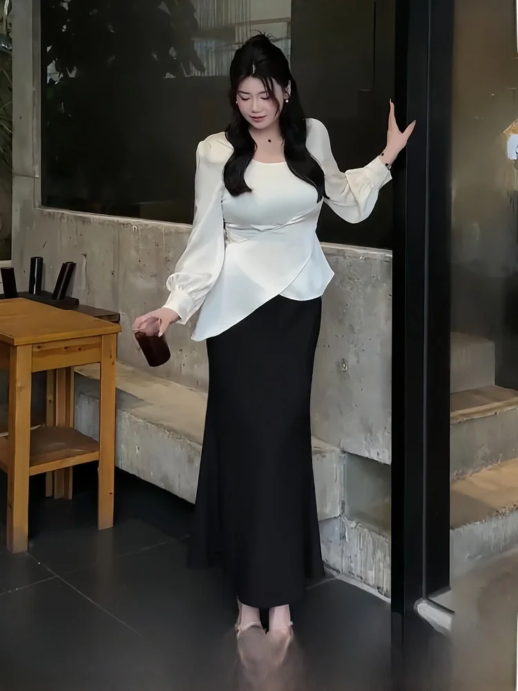 Комплект из атласной блузки и юбки больших размеров для женщин: осенняя коллекция, юбка А-силуэта с высокой талией, длинный рукав, круглый вырез
Комплект из атласной блузки и юбки больших размеров для женщин: осенняя коллекция, юбка А-силуэта с высокой талией, длинный рукав, круглый вырез