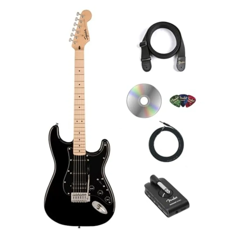 Squier Sonic Stratocaster HSS electric guitar for beginners, alder body black finish with chrome hardware, versatile humbucker-
Squier Sonic Stratocaster HSS electric guitar for beginners, alder body black finish with chrome hardware, versatile humbucker-