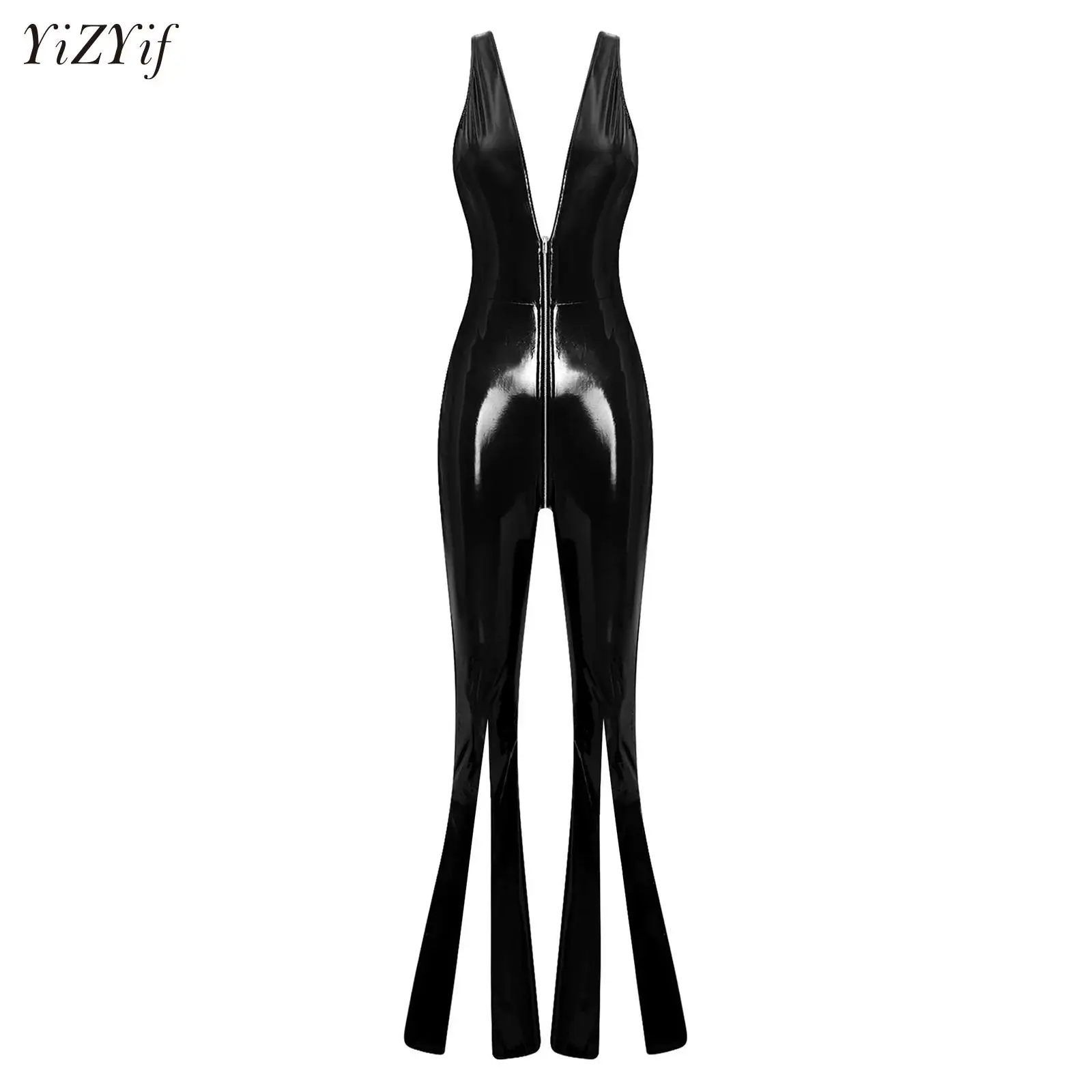 Women Glossy PU Flared Jumpsuit Deep V Neck Double-ended Zipper Split Bell Bottom Sleeveless Unitard Rompers Rave Party Clubwear
Women Glossy PU Flared Jumpsuit Deep V Neck Double-ended Zipper Split Bell Bottom Sleeveless Unitard Rompers Rave Party Clubwear