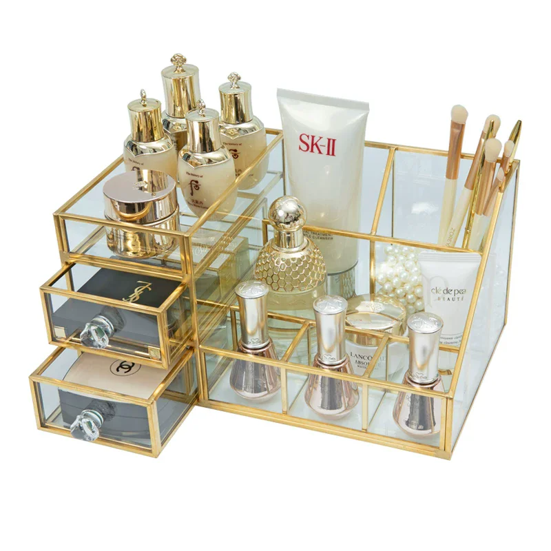 Advanced dressing table desktop cosmetics storage box, transparent glass brush tube gold edged nail tool storage box
Advanced dressing table desktop cosmetics storage box, transparent glass brush tube gold edged nail tool storage box