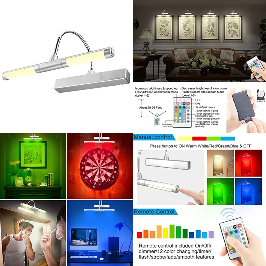 Wall Picture Light, Wireless Painting Lights with Remote, 28 LEDs Rotatable Light Head with 12 Color Changing, Dimmable Display
Wall Picture Light, Wireless Painting Lights with Remote, 28 LEDs Rotatable Light Head with 12 Color Changing, Dimmable Display