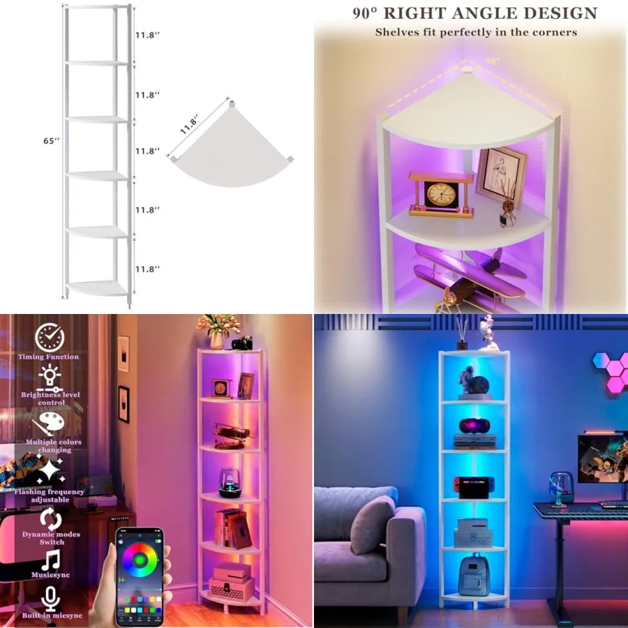 Corner Shelf with LED Lights, 6-Tier Corner Bookshelf, 66'' Organizer Book Shelf Shelves Steel Frame Display Stand with Living
Corner Shelf with LED Lights, 6-Tier Corner Bookshelf, 66'' Organizer Book Shelf Shelves Steel Frame Display Stand with Living