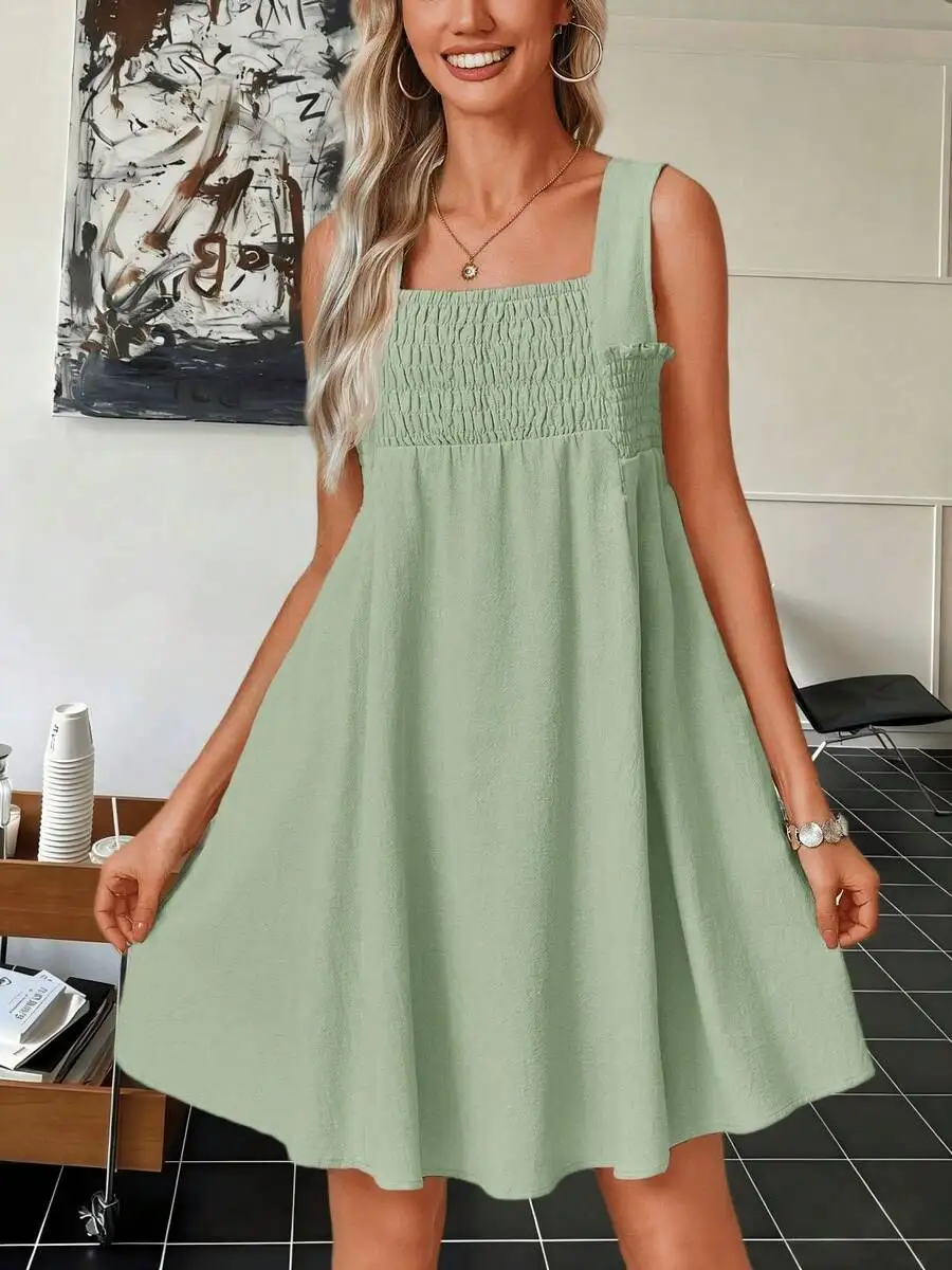 Women Summer Sleeveless Square Neck Smocked Swing Mini Dress
Women Summer Sleeveless Square Neck Smocked Swing Mini Dress