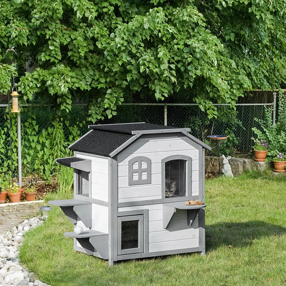 2-story Cat House Outdoor, Weatherproof Wooden Cat Enclosure for Feral Cats with Escape Door, Openable Roof, Jumping Platforms
2-story Cat House Outdoor, Weatherproof Wooden Cat Enclosure for Feral Cats with Escape Door, Openable Roof, Jumping Platforms