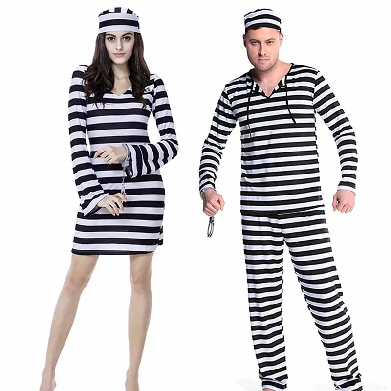 Couple Prisoner Costume Set Black White Striped Uniform with Hat Halloween Cosplay Party Fancy Dress for Men Women
Couple Prisoner Costume Set Black White Striped Uniform with Hat Halloween Cosplay Party Fancy Dress for Men Women