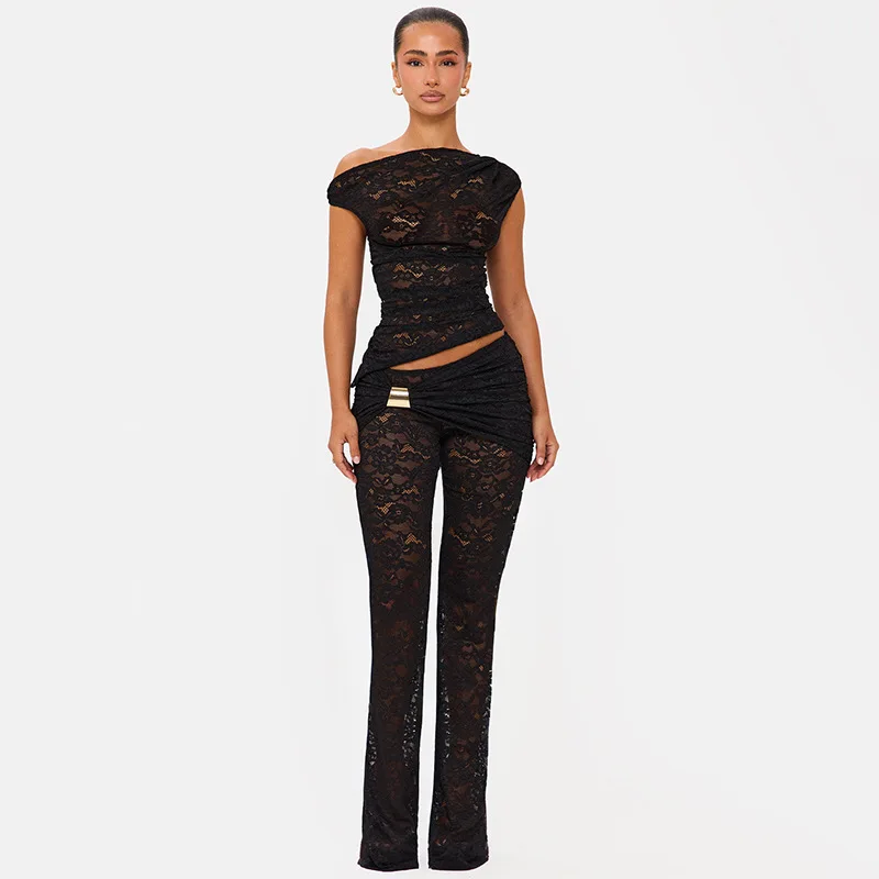 Stylish Lady Sexy Lace Two Piece Set Women Off Shoulder Ruched Crop Top And Flare Pants Summer See Through Outfit For Party Club
Stylish Lady Sexy Lace Two Piece Set Women Off Shoulder Ruched Crop Top And Flare Pants Summer See Through Outfit For Party Club