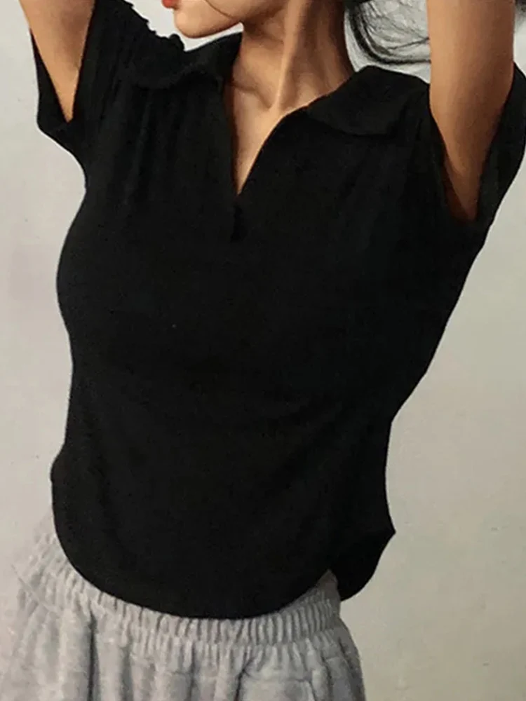 Summer Short Sleeve Lapel Top Women'S Solid V-Neck Pullovers Retro Sweet Shirts Hot Girl Crop Top Female Slim Versatile Tee
Summer Short Sleeve Lapel Top Women'S Solid V-Neck Pullovers Retro Sweet Shirts Hot Girl Crop Top Female Slim Versatile Tee