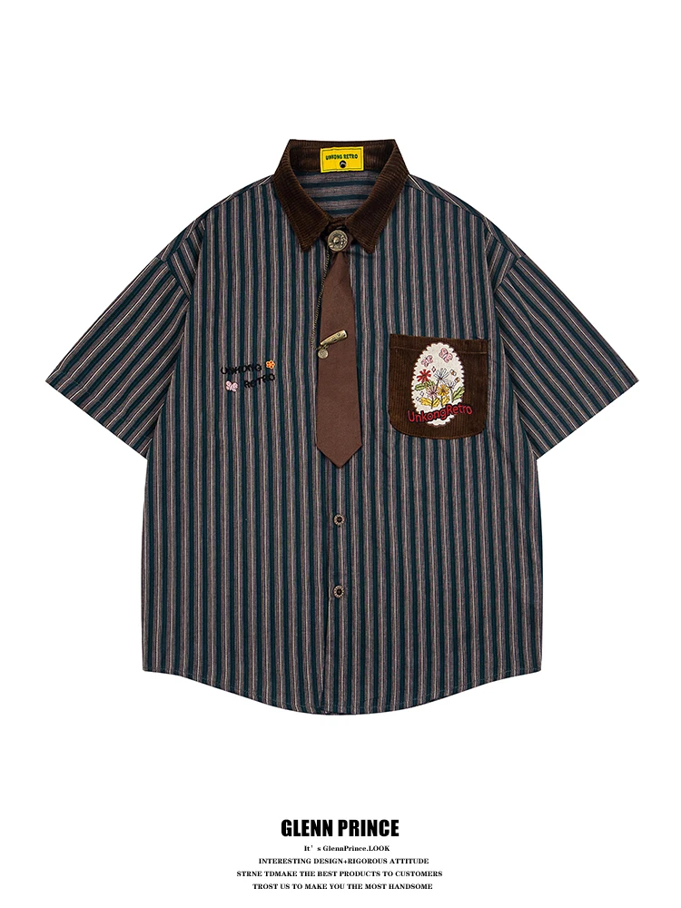 Retro Floral Embroidery Men's Short Sleeve Shirt Vertical Stripes Couple's Style Loose Fit Breathable Polyester Summer Shirt
Retro Floral Embroidery Men's Short Sleeve Shirt Vertical Stripes Couple's Style Loose Fit Breathable Polyester Summer Shirt