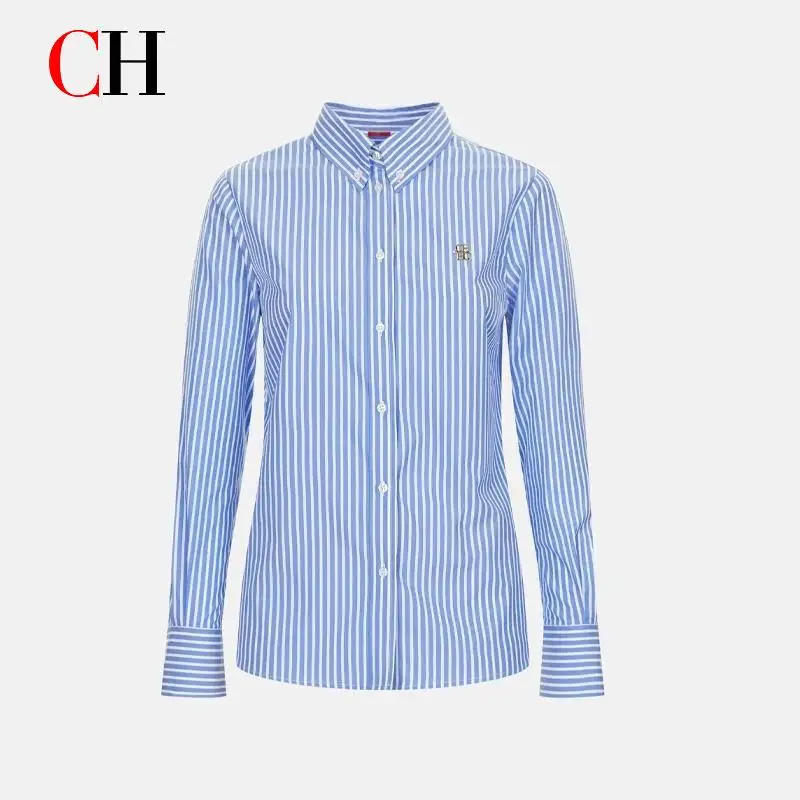 CH Classic Blue White Striped Shirt Women 2026 Long Sleeve Cotton Button Up Blouse Business Casual Office Top with Brand Emblem
CH Classic Blue White Striped Shirt Women 2026 Long Sleeve Cotton Button Up Blouse Business Casual Office Top with Brand Emblem