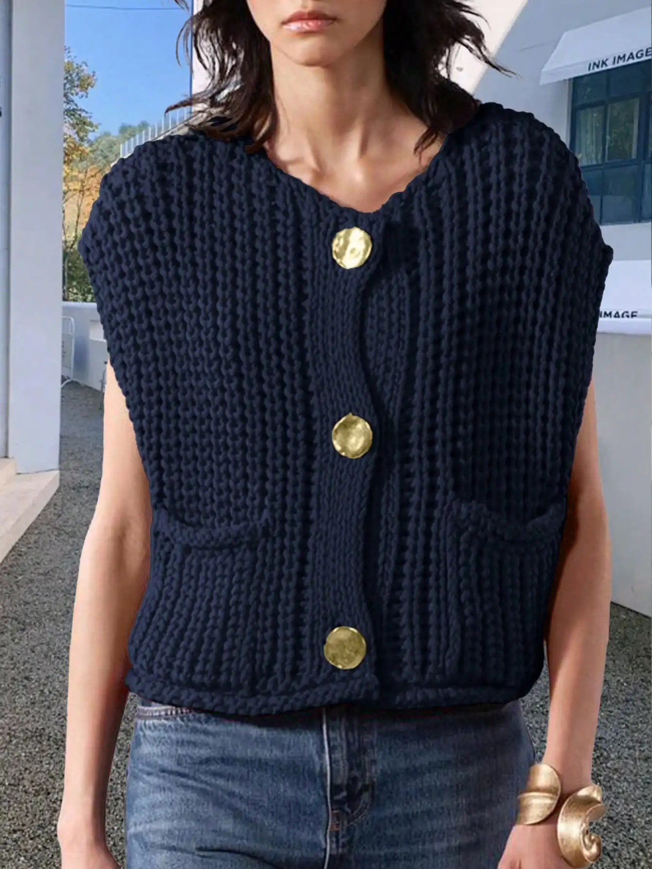 Women’s Chunky Crochet Knit Vest – Gold Button Down Cropped Sleeveless Sweater Cardigan with Pocket Vintage Y2K Layering Top
Women’s Chunky Crochet Knit Vest – Gold Button Down Cropped Sleeveless Sweater Cardigan with Pocket Vintage Y2K Layering Top