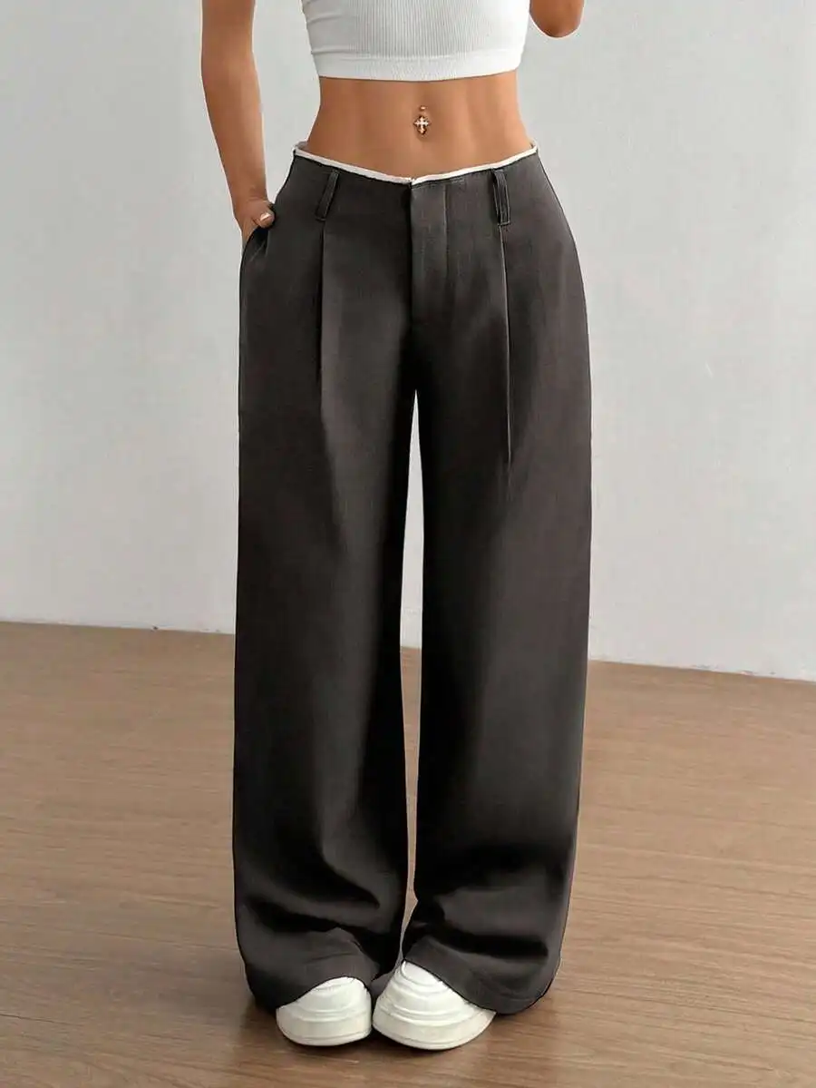 Women's High-Waisted Wide-Leg Black Pants with Contrast Waistband and Side Pockets
Women's High-Waisted Wide-Leg Black Pants with Contrast Waistband and Side Pockets
