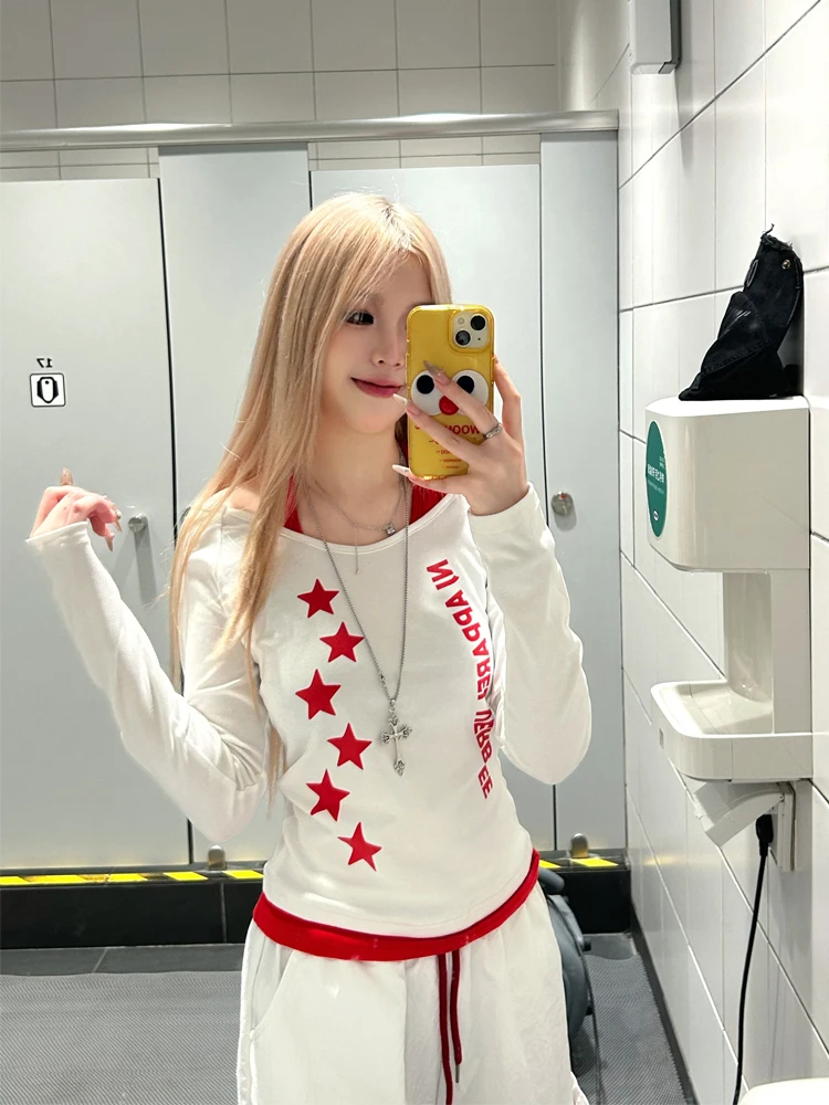 77lin American Hot Girl Fake Two-Piece Long Sve T-irt Women's Slim Fit Printed Top Cool Sweet Sle Cotton Autumn Wear
77lin American Hot Girl Fake Two-Piece Long Sve T-irt Women's Slim Fit Printed Top Cool Sweet Sle Cotton Autumn Wear