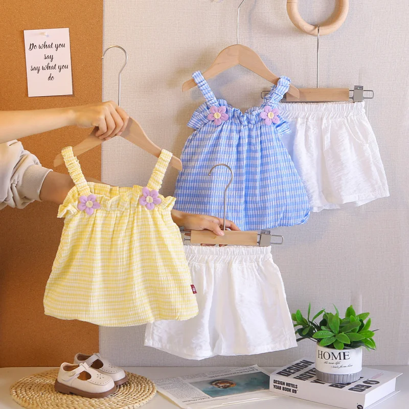 Fashionable girls' summer outfit, new style baby children's plaid suspender puffy skirt clothing, two-piece set for baby girls,
Fashionable girls' summer outfit, new style baby children's plaid suspender puffy skirt clothing, two-piece set for baby girls,