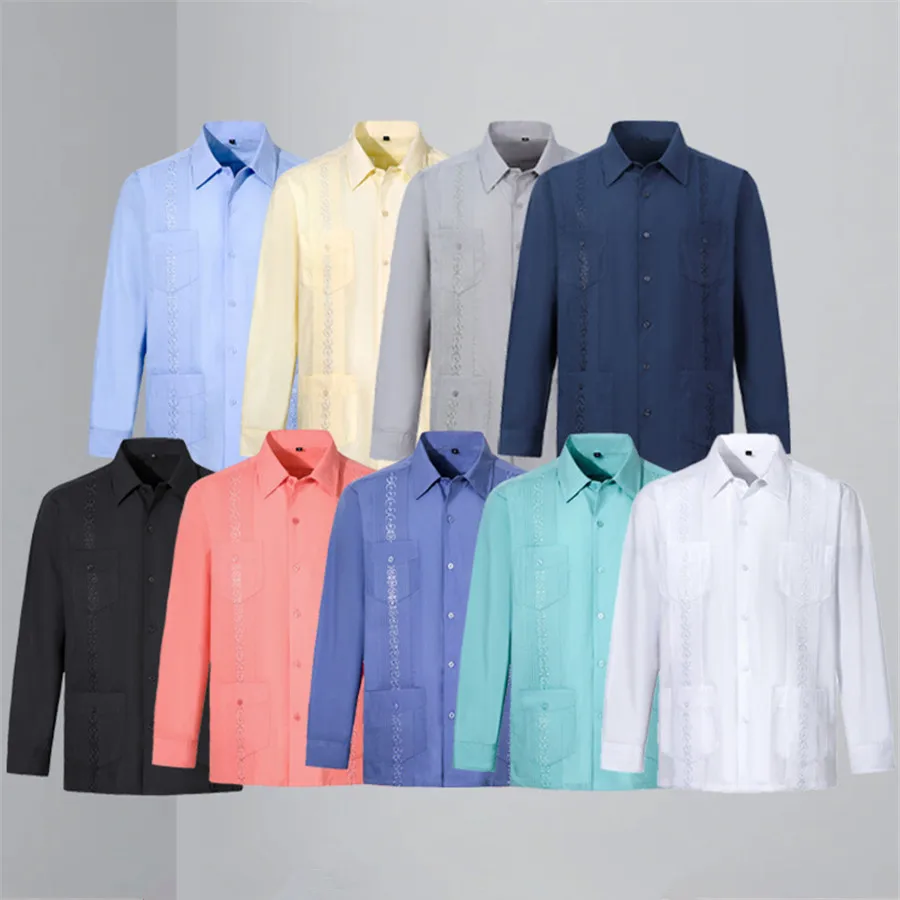 Белая мужская рубашка Guayabera, модные рубашки с длинными рукавами с четырьмя карманами для мужчин, мексиканская кубинская классическая рубашка с вышивкой, большой размер 4XL 
Белая мужская рубашка Guayabera, модные рубашки с длинными рукавами с четырьмя карманами для мужчин, мексиканская кубинская классическая рубашка с вышивкой, большой размер 4XL