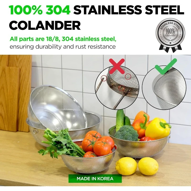 Premium 18/8 304 Stainless Steel Micro-Perforated Small and Big Colander Set of 4 with rings - 3.5-5.5-7.5-9.5 Quart Set,
Premium 18/8 304 Stainless Steel Micro-Perforated Small and Big Colander Set of 4 with rings - 3.5-5.5-7.5-9.5 Quart Set,
