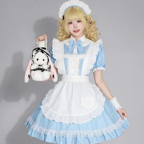 アリスメイドドレスかわいいロリータアニメメイド服ハロウィン用スイートロリータ女性ブルードレスエプロン付きカーニバルコスプレ衣装