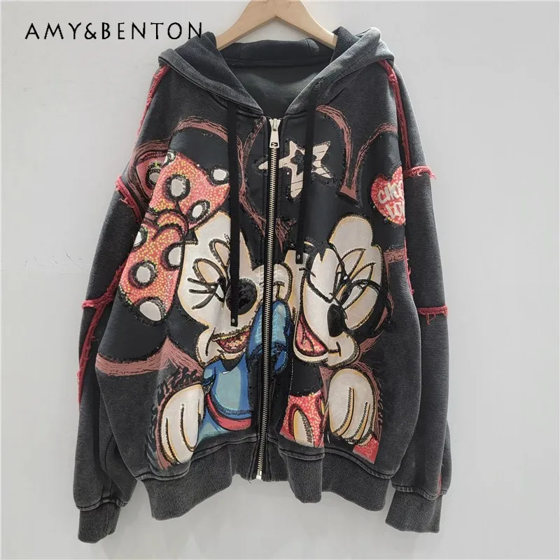 Autumn New Heavy Embroidery Cartoon Loose Coat Fashion Age-Reducing Hooded Jacket Zipper Long Sleeves Tie Top Outerwear Ladies
Autumn New Heavy Embroidery Cartoon Loose Coat Fashion Age-Reducing Hooded Jacket Zipper Long Sleeves Tie Top Outerwear Ladies