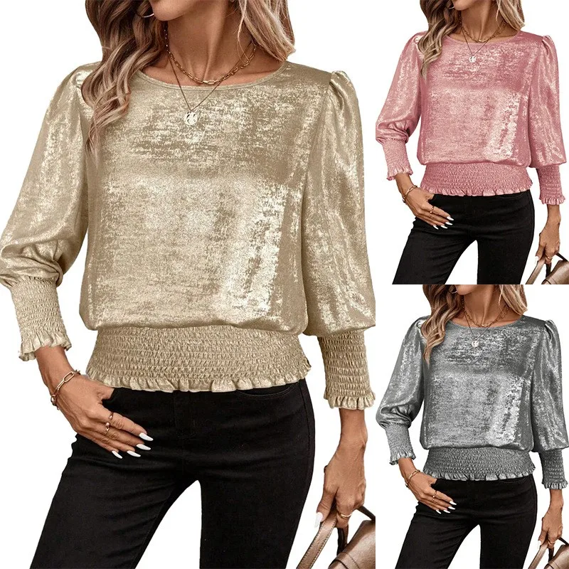 Summer Blouse Women Round Neck Blouses Foil Print Patchwork Top Puff Sleeve Smocked Waist Tunic Metallic Finish Loose Crop Gold
Summer Blouse Women Round Neck Blouses Foil Print Patchwork Top Puff Sleeve Smocked Waist Tunic Metallic Finish Loose Crop Gold