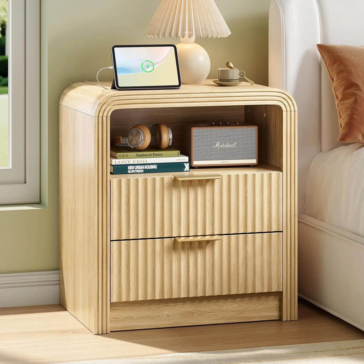 Fluted Nightstand with Charging Station, 19.7'' Wide, 2 Drawers & Open Shelf, USB/Type-C Ports, Natural Oak
Fluted Nightstand with Charging Station, 19.7'' Wide, 2 Drawers & Open Shelf, USB/Type-C Ports, Natural Oak