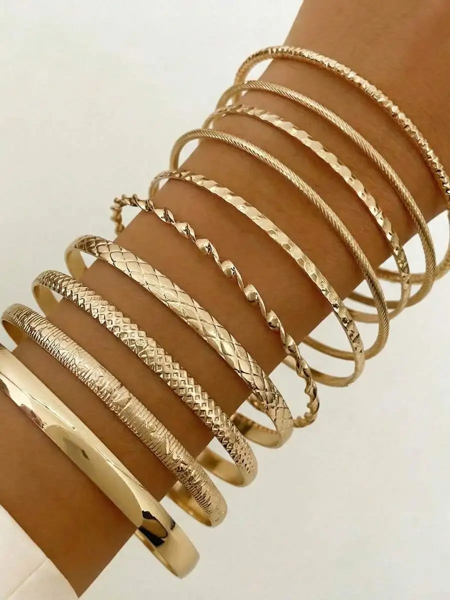 Gold-Tone Stacking Bangles Set With Rope, Twist, Diamond & Hammered Textures—Women’s Casual Jewelry For Summer, Gifts, Festivals
Gold-Tone Stacking Bangles Set With Rope, Twist, Diamond & Hammered Textures—Women’s Casual Jewelry For Summer, Gifts, Festivals
