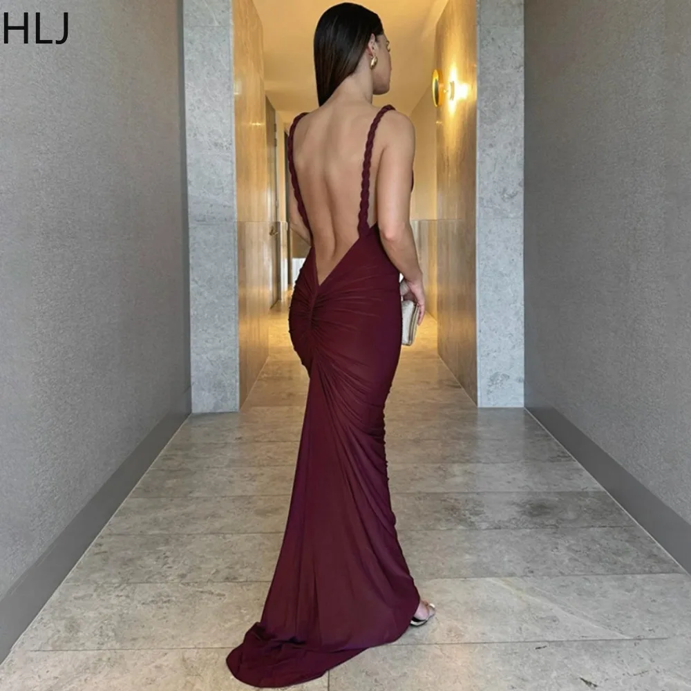 HLJ Wine Red Fashion Backless Ruched Floor Party Club Dress Women Round Neck Strap Sleeveless Slim Vestidos Sexy Lady Solid Robe
HLJ Wine Red Fashion Backless Ruched Floor Party Club Dress Women Round Neck Strap Sleeveless Slim Vestidos Sexy Lady Solid Robe