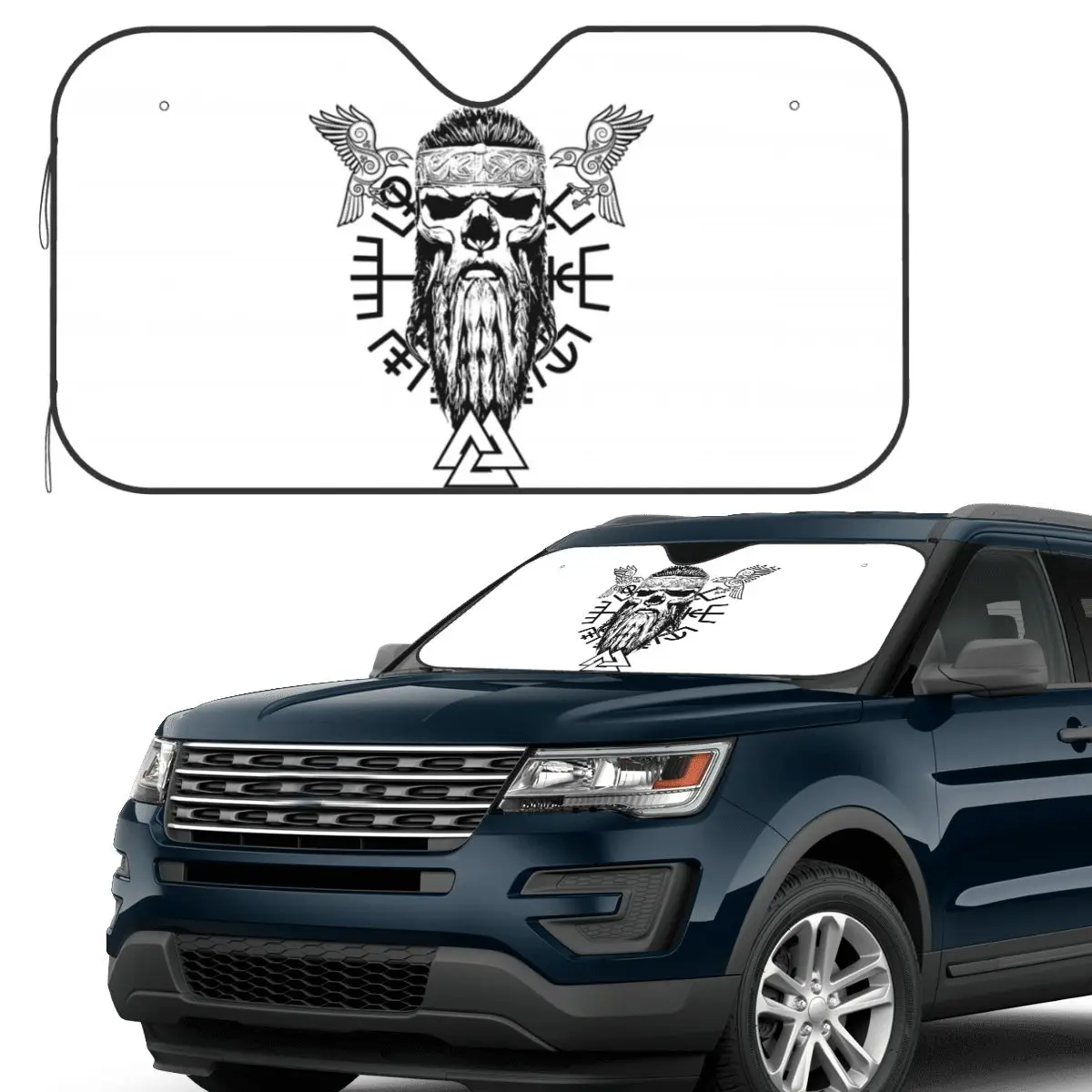 Viking Skull With Beard Odin Knot And Vegvisir Odin's Ravens Hugin And Munin Sunshade Windscreen Car Front Windshield Window
Viking Skull With Beard Odin Knot And Vegvisir Odin's Ravens Hugin And Munin Sunshade Windscreen Car Front Windshield Window