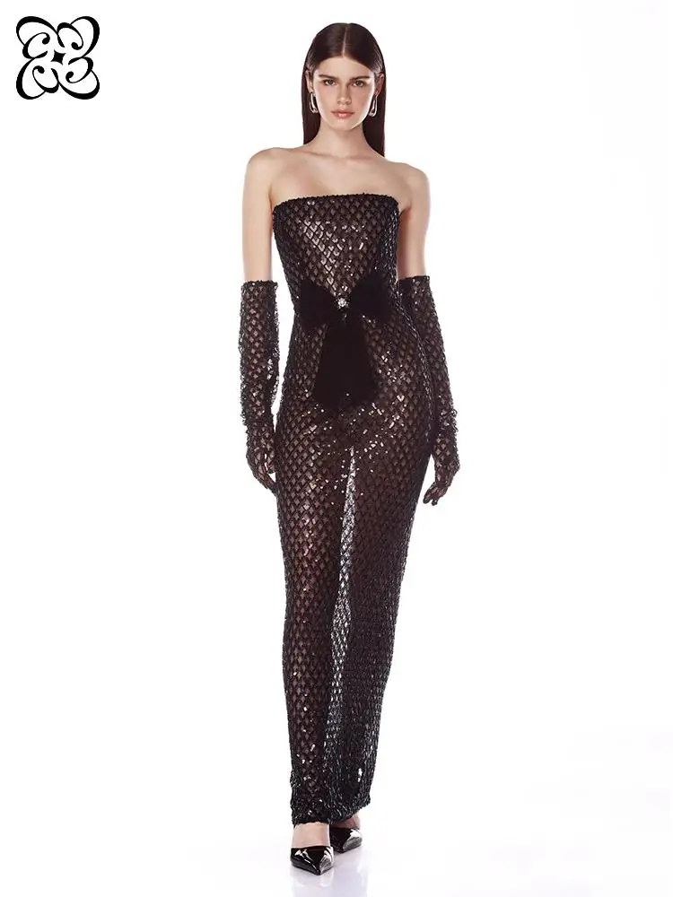 Black Sequin Strapless Evening Dresses with Gloves Velvet Bow Rhinestone Accent Sheer Mesh Mermaid Formal Bodycon Maxi Dress
Black Sequin Strapless Evening Dresses with Gloves Velvet Bow Rhinestone Accent Sheer Mesh Mermaid Formal Bodycon Maxi Dress
