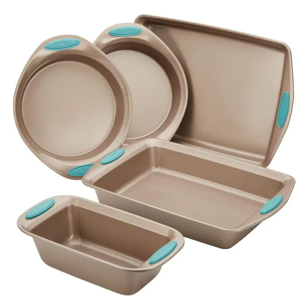 Cucina Bakeware Set Includes Nonstick Bread Baking Cookie Sheet and Cake Pans, 5 Piece, Latte Brown with Agave Blue Grips
Cucina Bakeware Set Includes Nonstick Bread Baking Cookie Sheet and Cake Pans, 5 Piece, Latte Brown with Agave Blue Grips