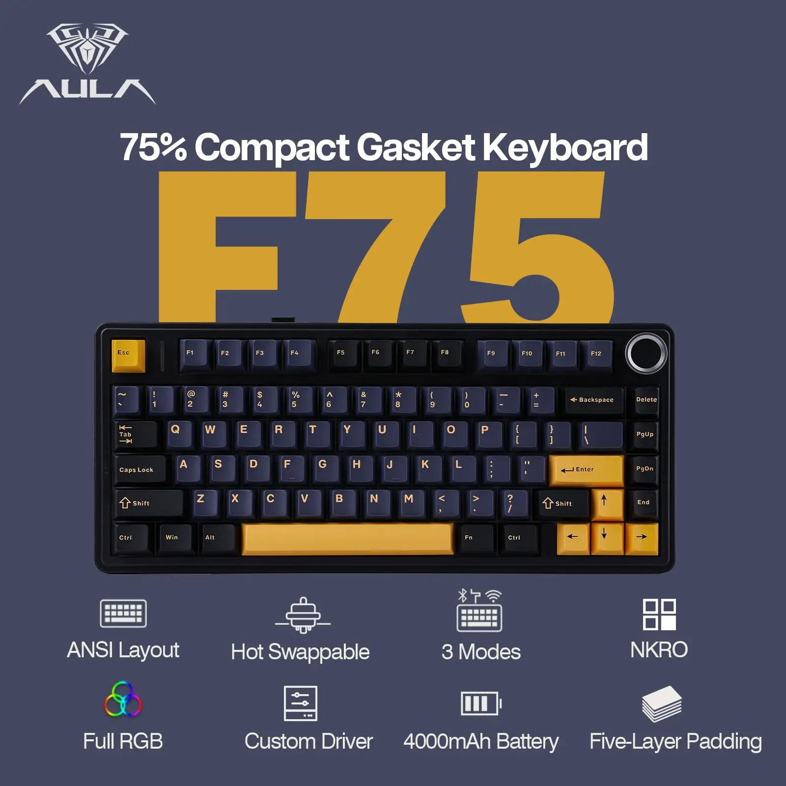 AULA F75 Mechanical Keyboard Wired/2.4G Wireless/BT RGB PBT 75% Layout OEM Profile Gasket Customized Pc Gaming Keyboard
AULA F75 Mechanical Keyboard Wired/2.4G Wireless/BT RGB PBT 75% Layout OEM Profile Gasket Customized Pc Gaming Keyboard