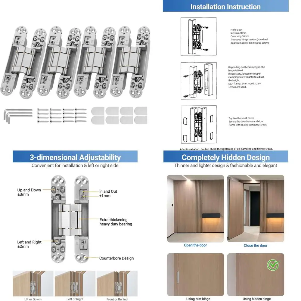 6 Heavy-Duty 3-Way Adjustable Invisible Hinges for 180° Door Swing, Supporting Up to 88lbs
6 Heavy-Duty 3-Way Adjustable Invisible Hinges for 180° Door Swing, Supporting Up to 88lbs