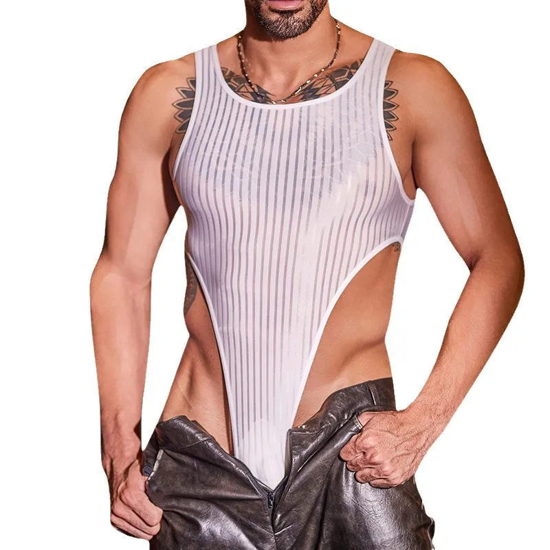Sexy Men's Bodysuit Sleeveless Stripe Mesh See-Throughtights Breathable Sculpting Undershirt Visible Seductive Sports Bodysuits
Sexy Men's Bodysuit Sleeveless Stripe Mesh See-Throughtights Breathable Sculpting Undershirt Visible Seductive Sports Bodysuits