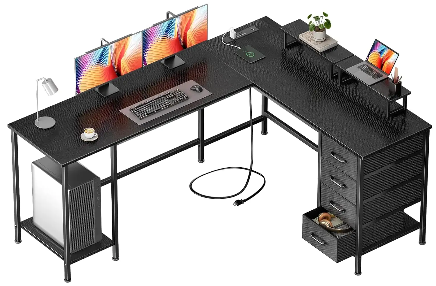 66"L Shaped Computer Desk with Power Outlets 4 Drawers 2 Monitor Stands Large Gaming Table Home Office Study Black, Customized
66"L Shaped Computer Desk with Power Outlets 4 Drawers 2 Monitor Stands Large Gaming Table Home Office Study Black, Customized