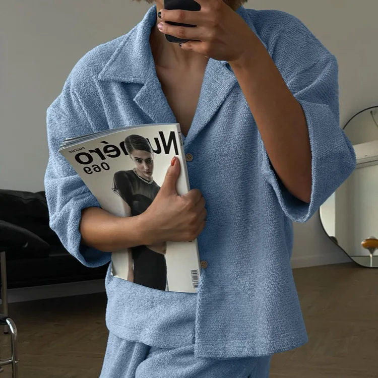 Two Piece Pants Set Blue Loose Women's Pajamas Fall Winter Casual Fashion Collared Short-sleeve Top Relaxed Straight-cut Shorts
Two Piece Pants Set Blue Loose Women's Pajamas Fall Winter Casual Fashion Collared Short-sleeve Top Relaxed Straight-cut Shorts