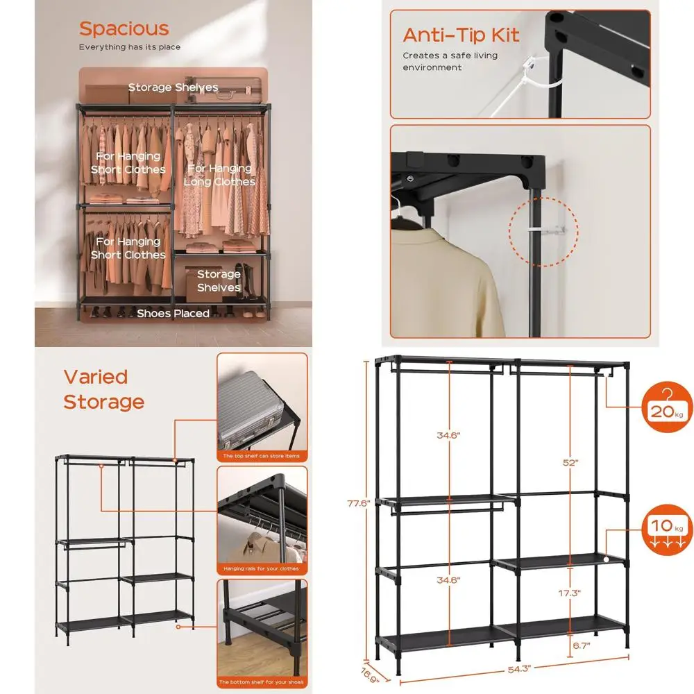 54.3 Portable Wardrobe Organizer with 3 Rods and Shelves, Easy Assembly, Black
54.3 Portable Wardrobe Organizer with 3 Rods and Shelves, Easy Assembly, Black