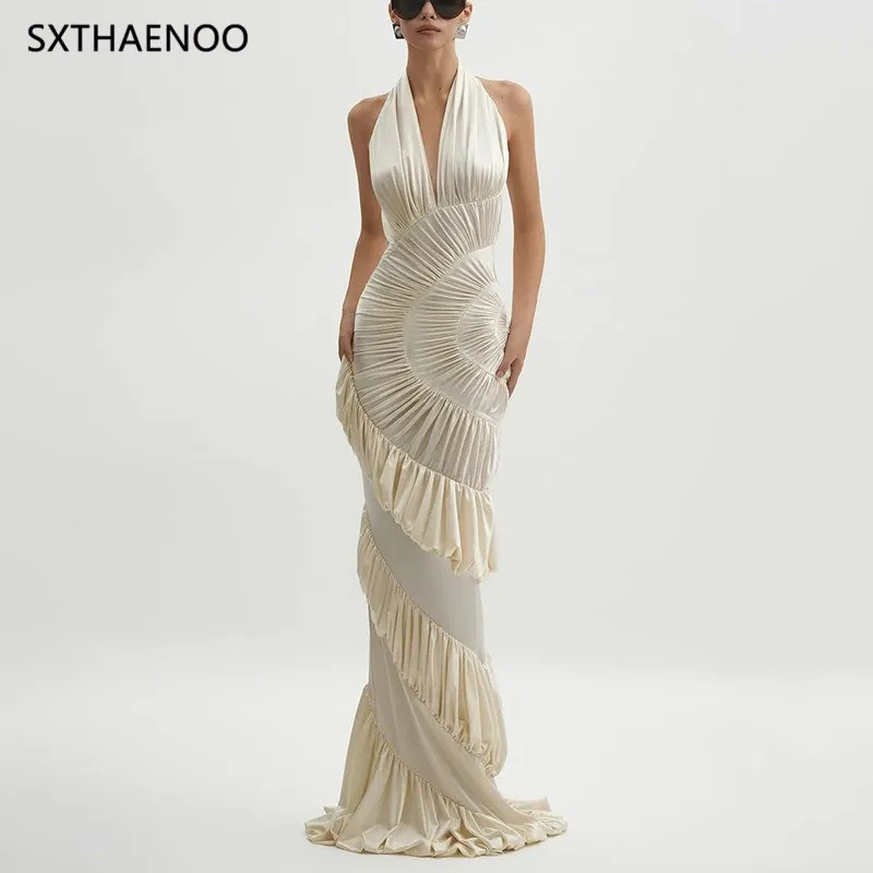 SXTHAENOO Sexy Slimming Spliced Ruffles Folds Elegant Long Dresses For Women Halter Sleeveless Temperament Dress Female 2025
SXTHAENOO Sexy Slimming Spliced Ruffles Folds Elegant Long Dresses For Women Halter Sleeveless Temperament Dress Female 2025