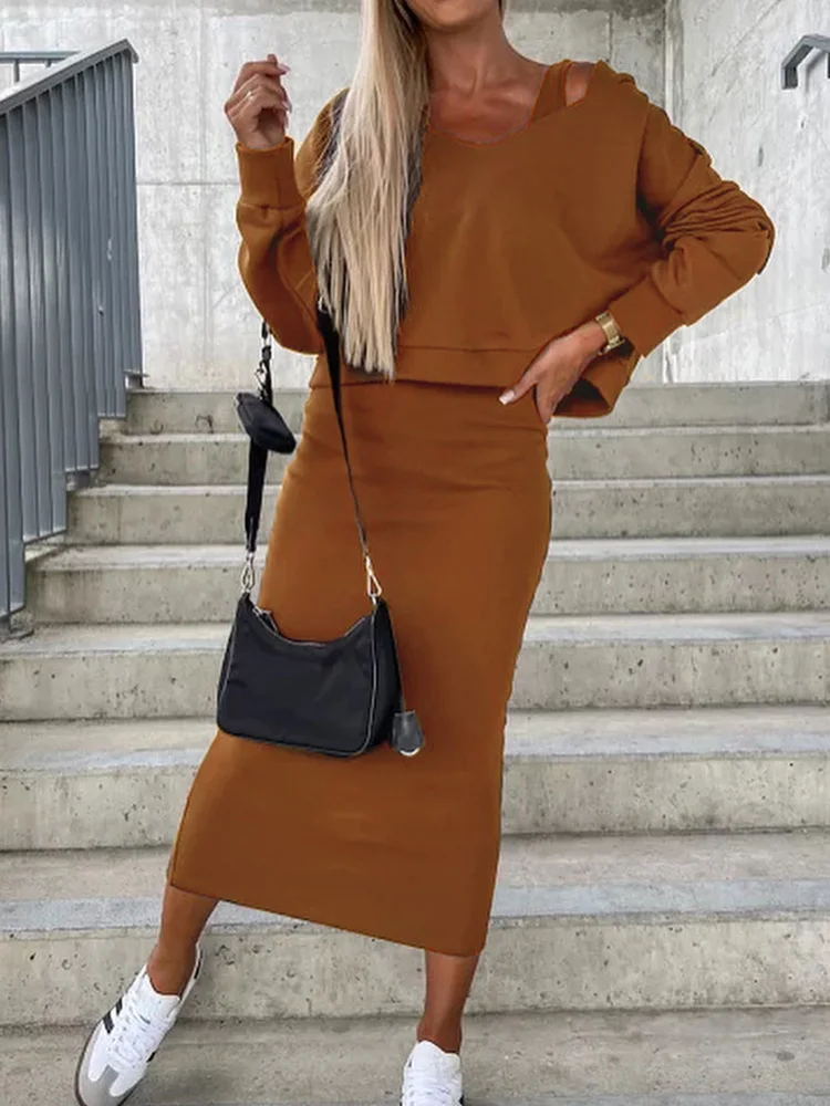Elegant Women Hooded Tops And Dress Suit Female Solid Basic Streetwear Dress Two Piece Set Autumn Winter Dress Matching Suit New
Elegant Women Hooded Tops And Dress Suit Female Solid Basic Streetwear Dress Two Piece Set Autumn Winter Dress Matching Suit New