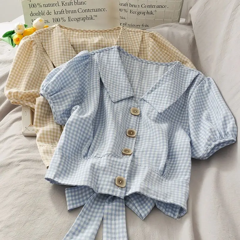 Summer 2024 Plaid irt Women's Slim Fit Bubble Sve ort Sve Korean Sle Versatile Knot Top
Summer 2024 Plaid irt Women's Slim Fit Bubble Sve ort Sve Korean Sle Versatile Knot Top