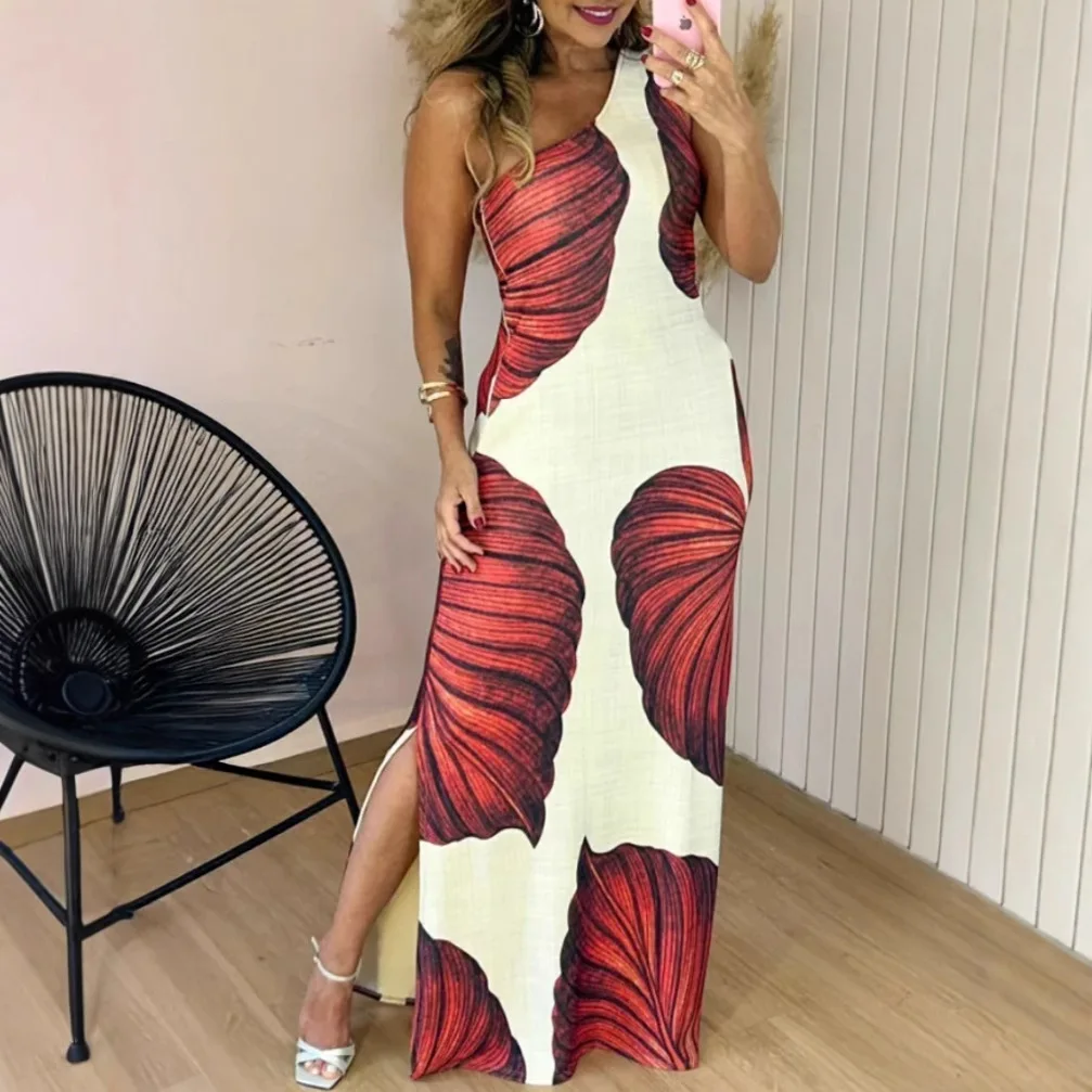 Sexy Elegant Printed Temperament Sleeveless One Shoulder Maxi Party Dress Women's Sexy Slim Fit Sleeveless Side Split Dress Robe
Sexy Elegant Printed Temperament Sleeveless One Shoulder Maxi Party Dress Women's Sexy Slim Fit Sleeveless Side Split Dress Robe