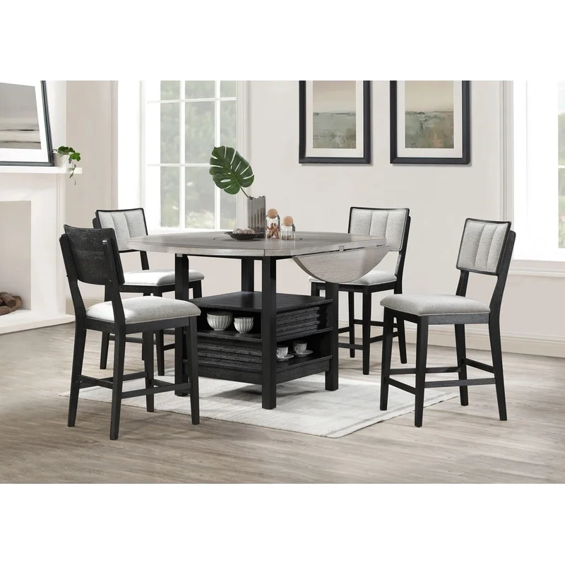 5pc Farmhouse Dining Set with Round Table, Black Gray Natural Grain, Integrated Turntable, Drop Leaves, Built-in Shelving, Fabric Upholstered Chairs
5pc Farmhouse Dining Set with Round Table, Black Gray Natural Grain, Integrated Turntable, Drop Leaves, Built-in Shelving, Fabric Upholstered Chairs