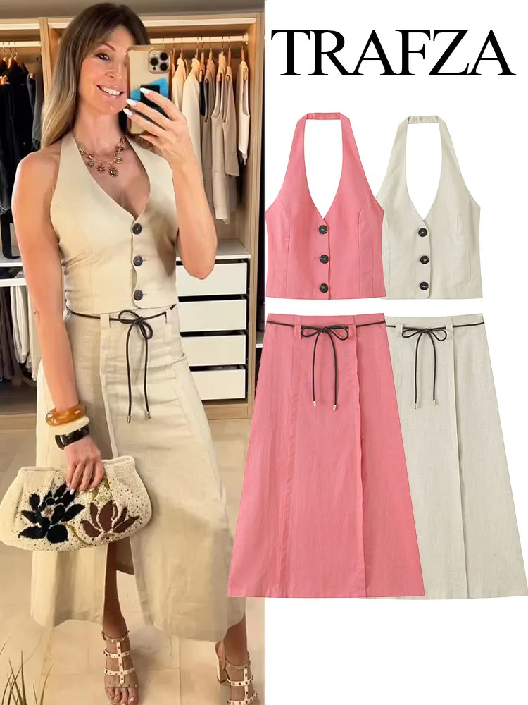 TRAFZA Women's Fashion Simple Single Breasted Halter Neck 2-Color Sleeveless Top+Elegant High Waist Side Zipper Midi Skirt Suit
TRAFZA Women's Fashion Simple Single Breasted Halter Neck 2-Color Sleeveless Top+Elegant High Waist Side Zipper Midi Skirt Suit