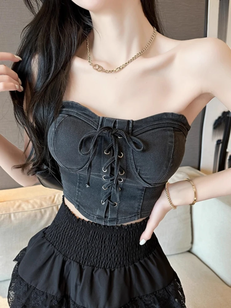 Women's Denim Strap Vest Thai Sle Dstring ort Inner Wear Hot Girl Chest Pad Tube Top Outerwear Summer Commute
Women's Denim Strap Vest Thai Sle Dstring ort Inner Wear Hot Girl Chest Pad Tube Top Outerwear Summer Commute